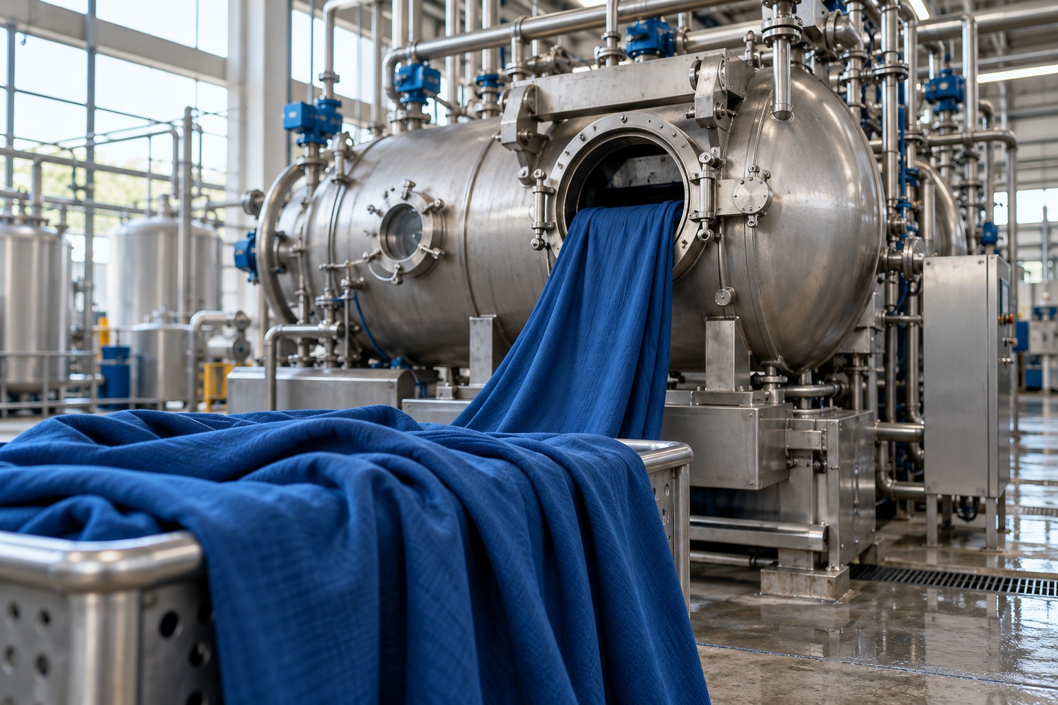 Representative textile dyeing machinery with blue fabric